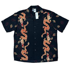 Vintage Y2K KENNINGTON LTD Dragon Button Down Hawaiian Shirt Black Flame NWT XL